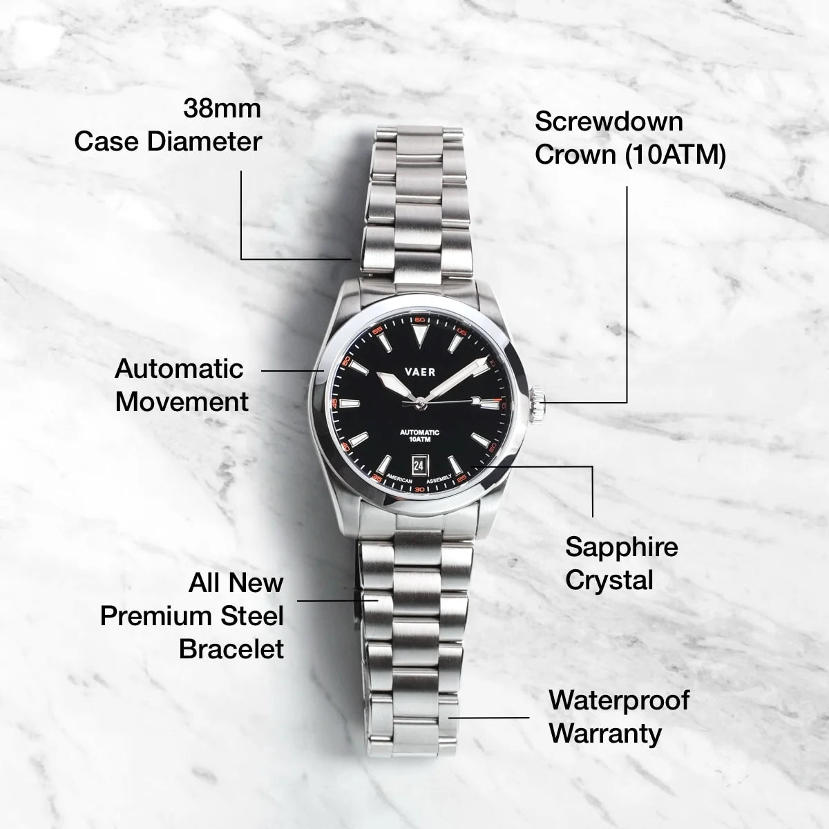 A5 Atlas Black Auto 38mm - on Elite Stainless Bracelet