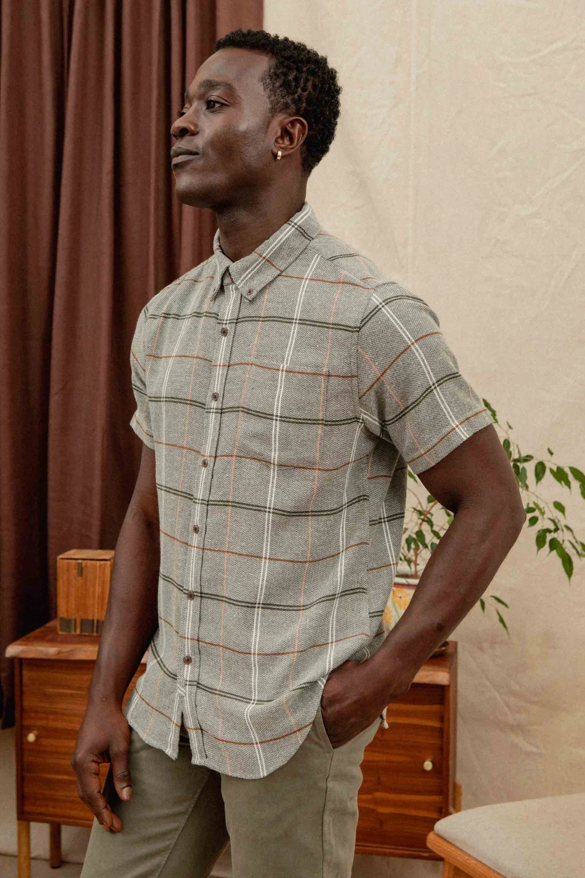 Jordan Slim Shirt in Olive Ember Grid