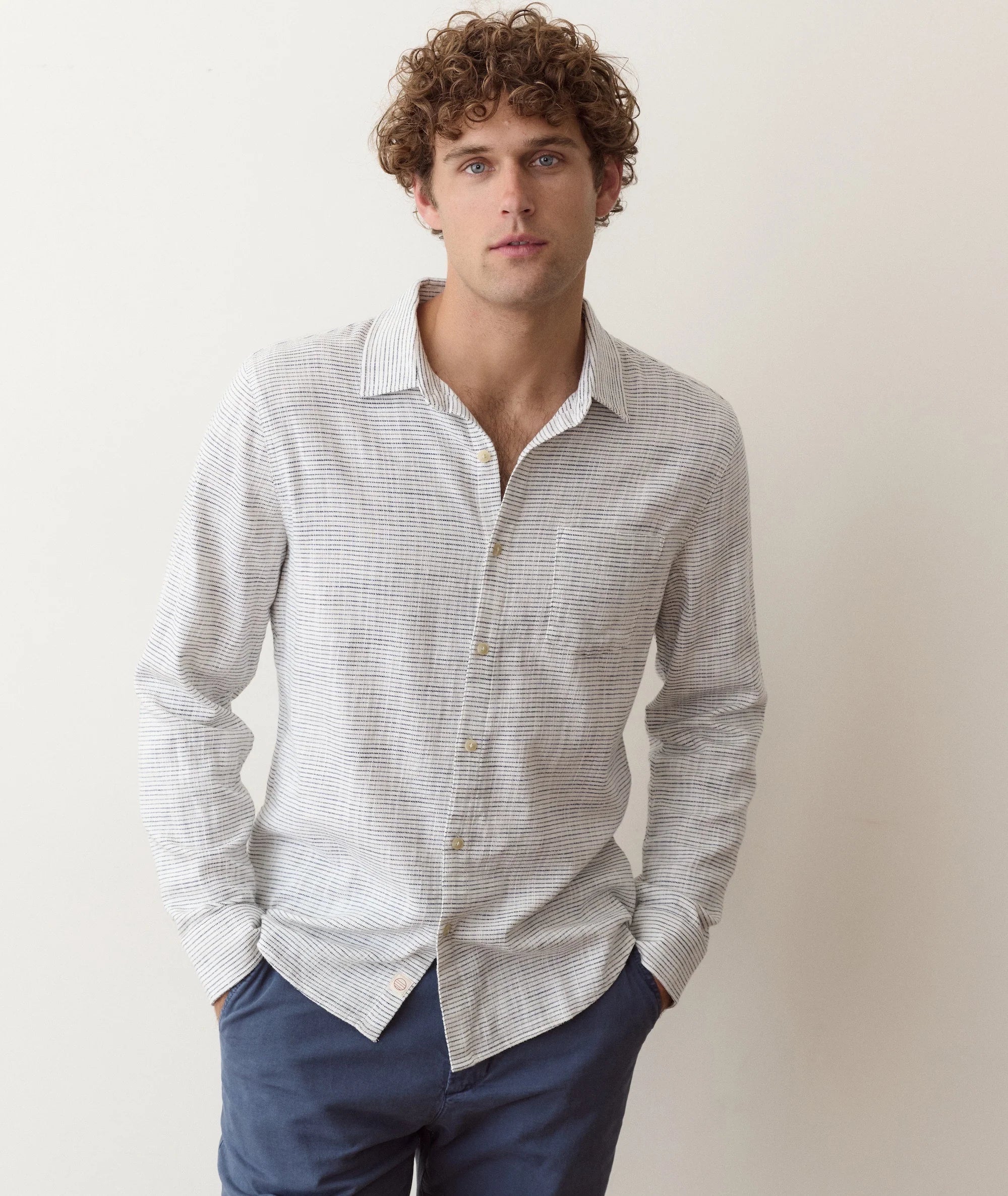 Long Sleeve Classic Stretch Selvage Shirt in Natural Black Stripe