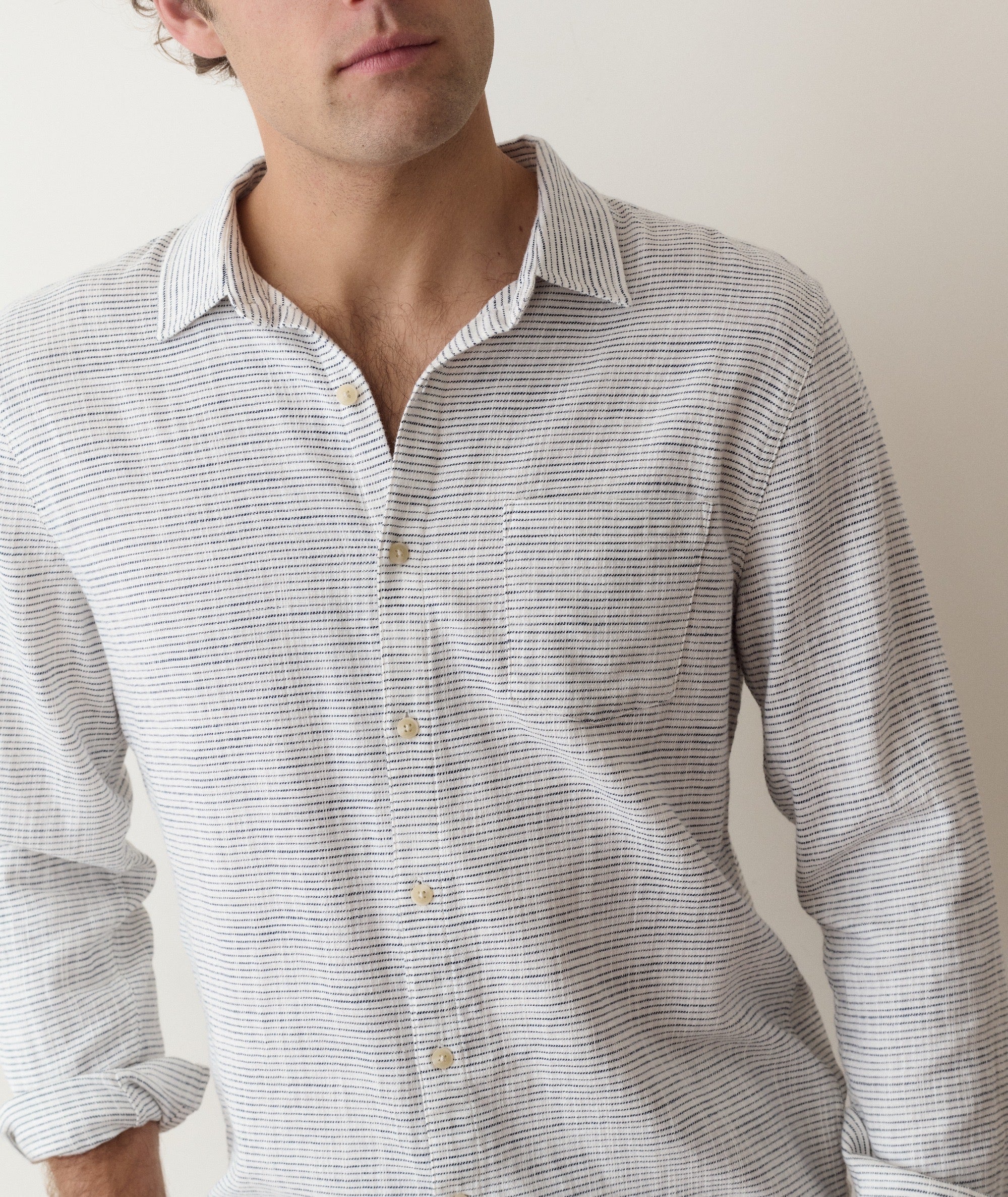 Long Sleeve Classic Stretch Selvage Shirt in Natural Black Stripe