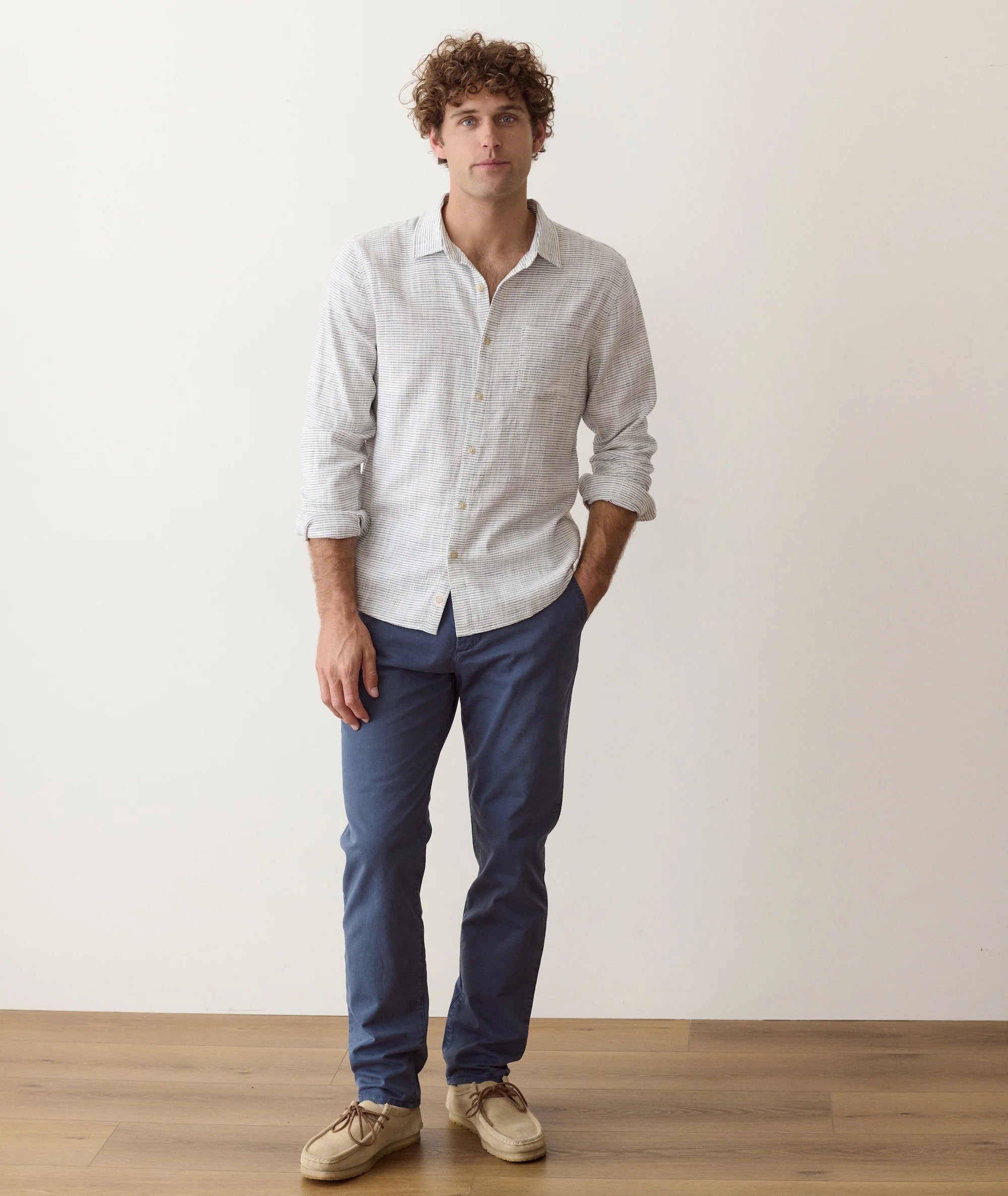 Long Sleeve Classic Stretch Selvage Shirt in Natural Black Stripe
