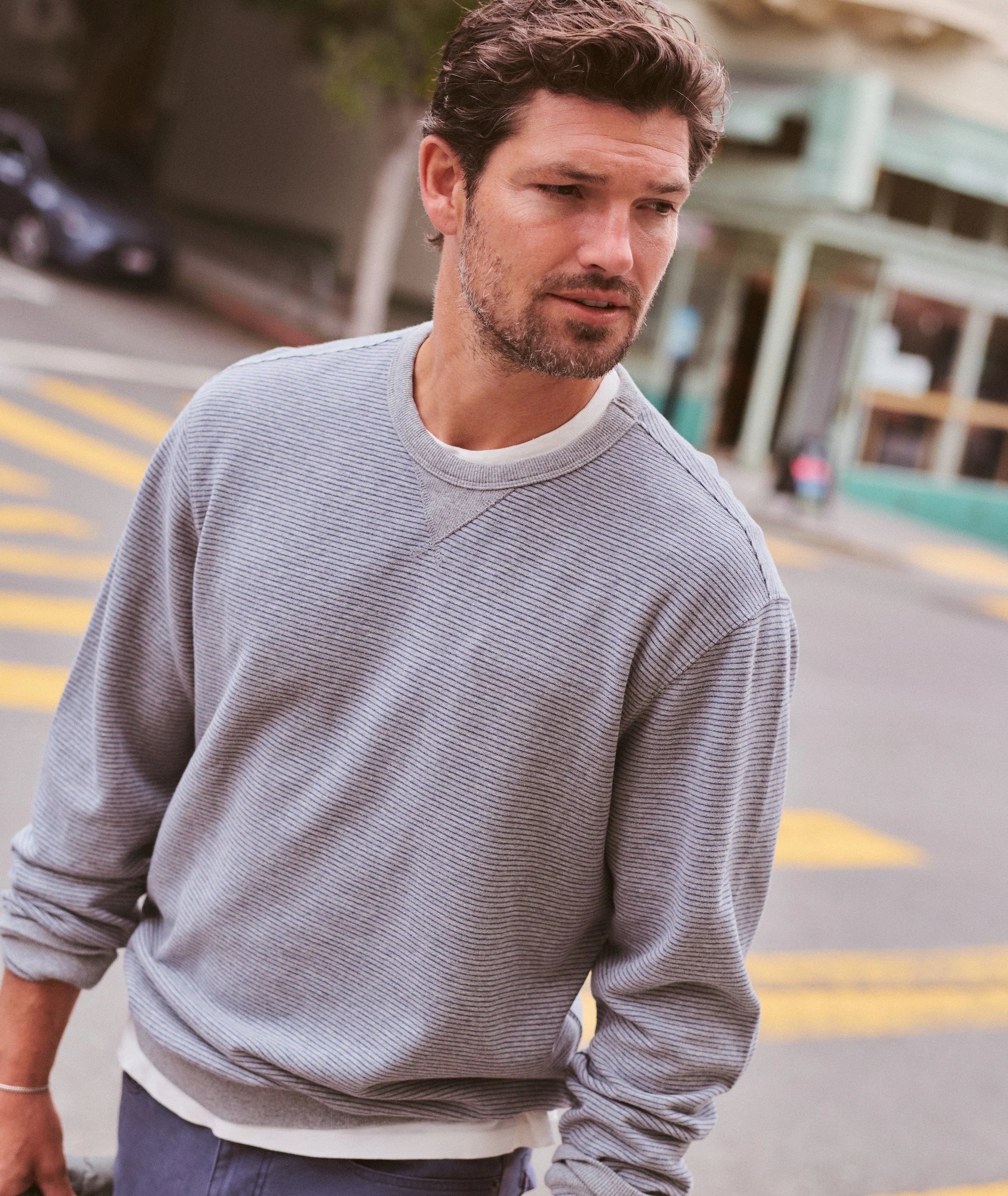 Relaxed Cloud 9 Terry Crewneck in Heather Grey Stripe
