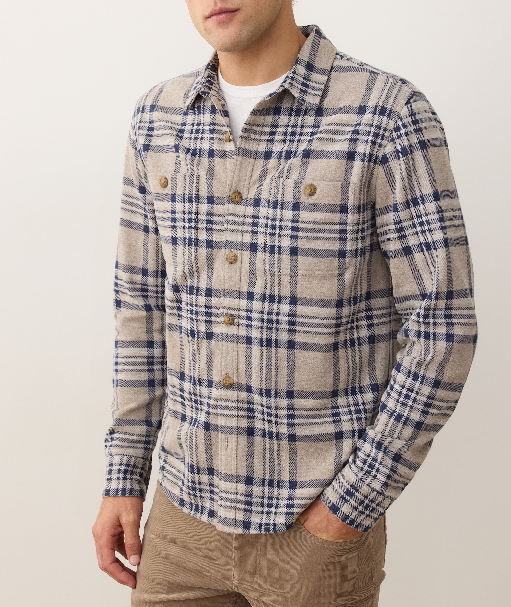 Pacifica Stretch Twill Overshirt in Taupe Plaid