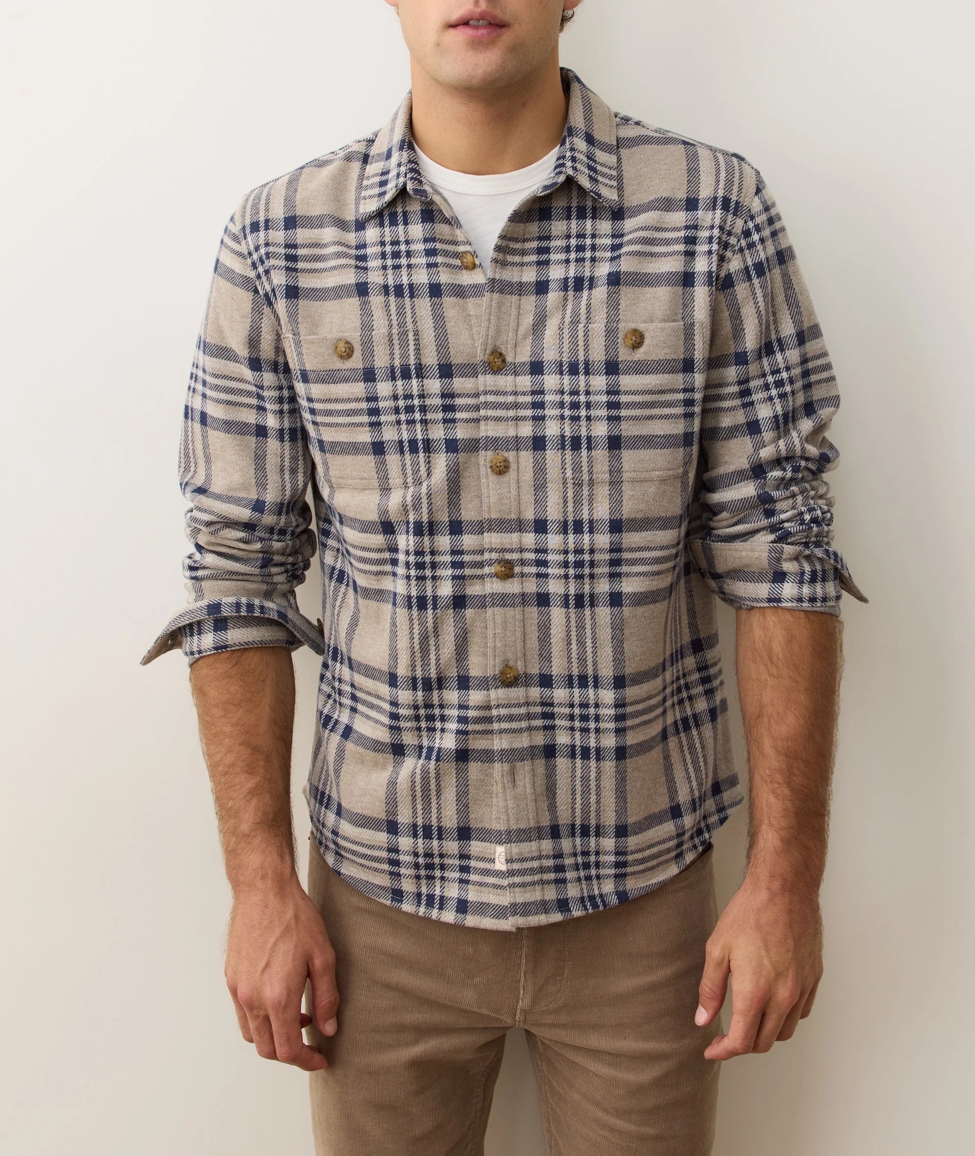 Pacifica Stretch Twill Overshirt in Taupe Plaid