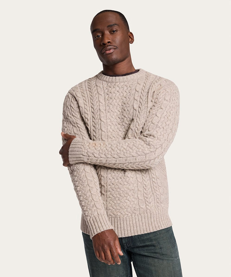 Wool Fisherman Crew Sweater in Wheat