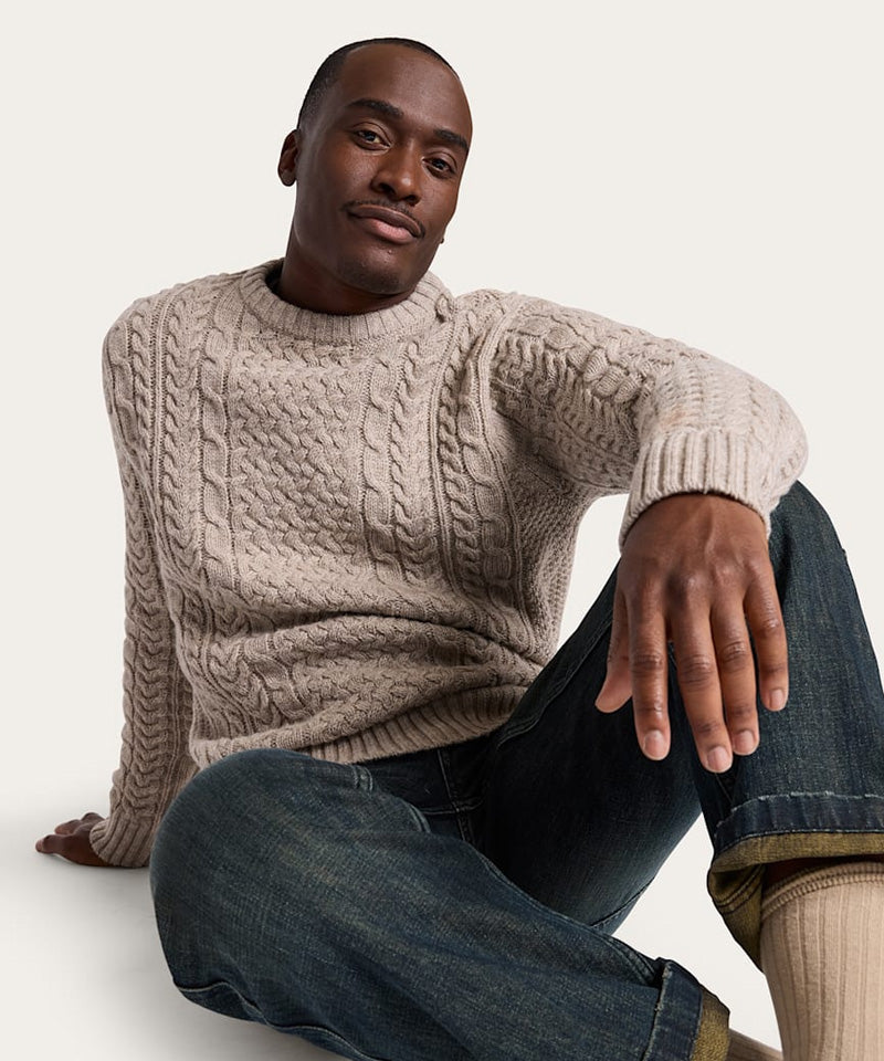Wool Fisherman Crew Sweater in Wheat
