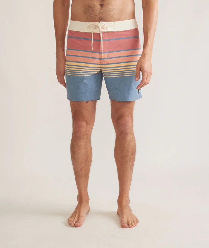 6" Mechanical Stretch Board Short in Blue/Warm Sunset Stripe