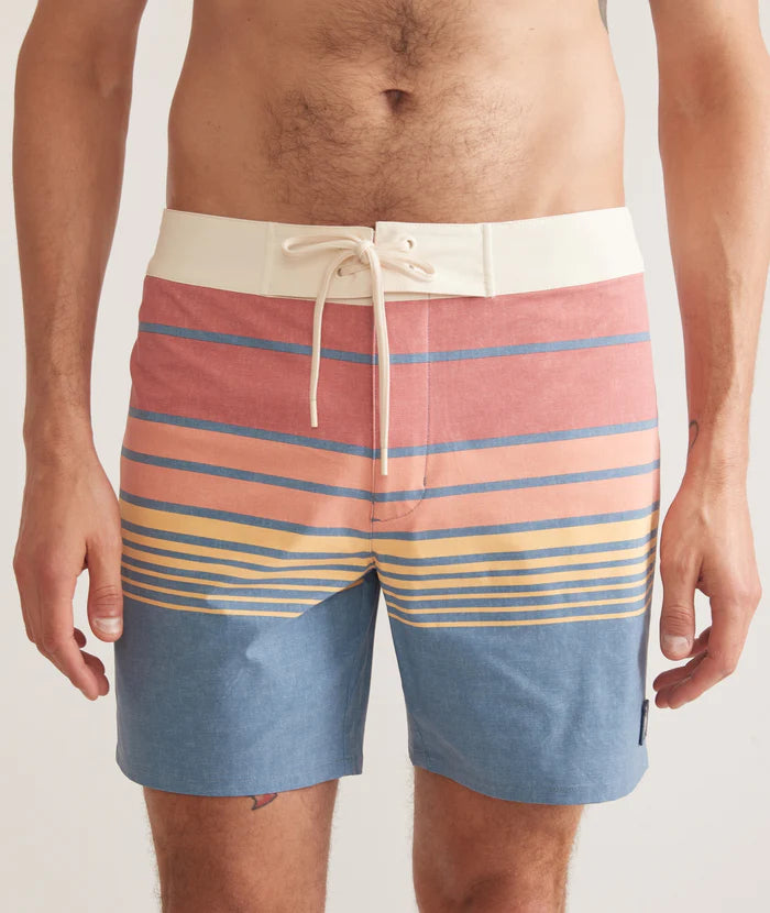 6" Mechanical Stretch Board Short in Blue/Warm Sunset Stripe