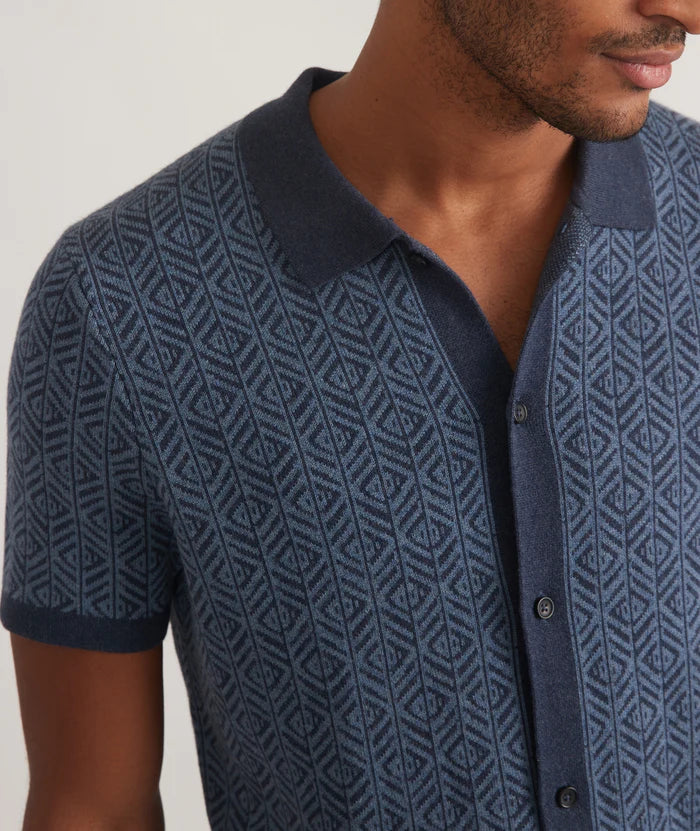 Ethan Sweater Button Down in Blue Geo Jacquard