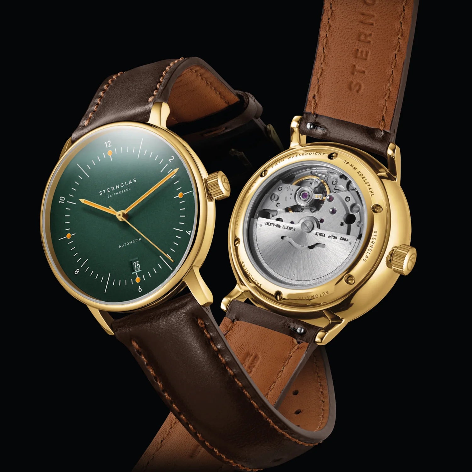 Naos Automatic Gold 38mm - Green on Brown Bridle Leather Strap