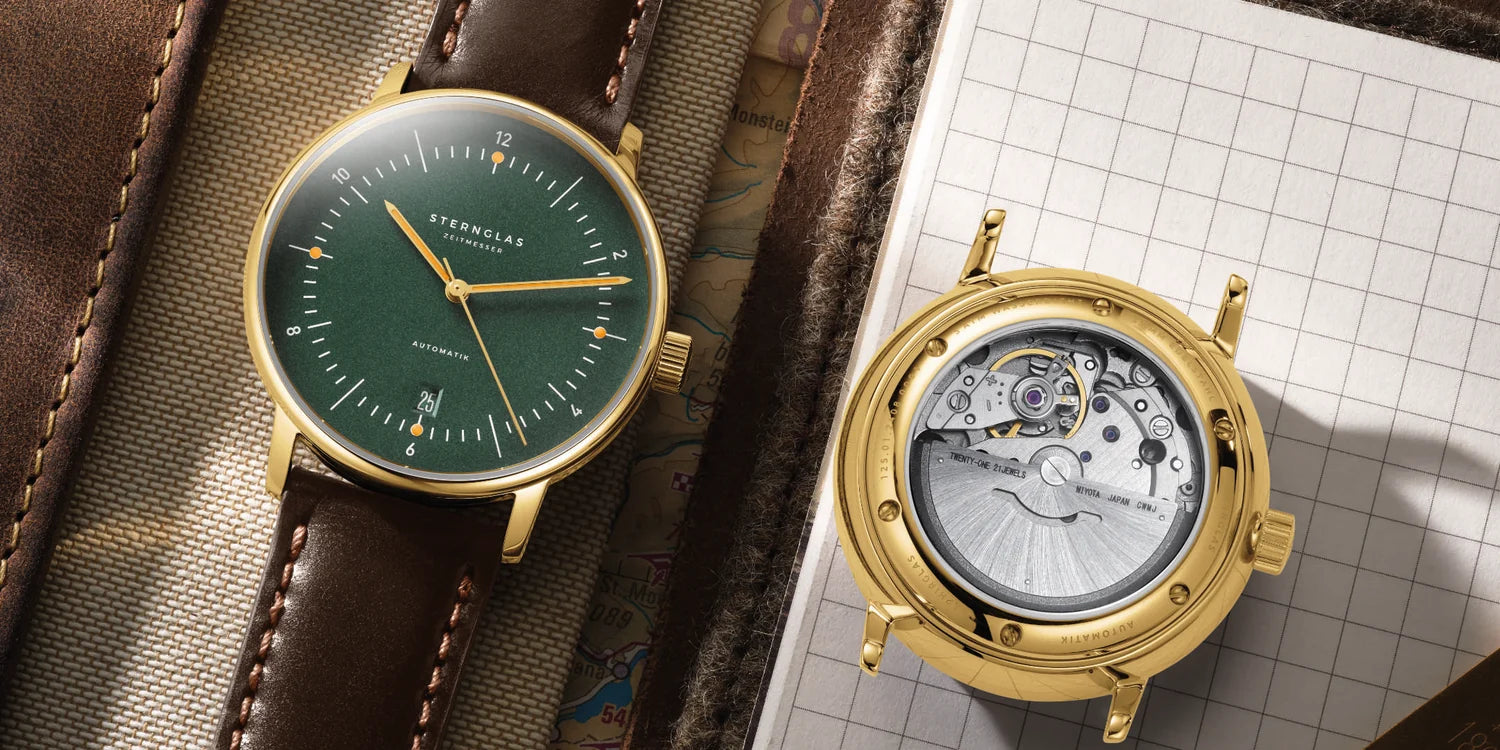 Naos Automatic Gold 38mm - Green on Brown Bridle Leather Strap
