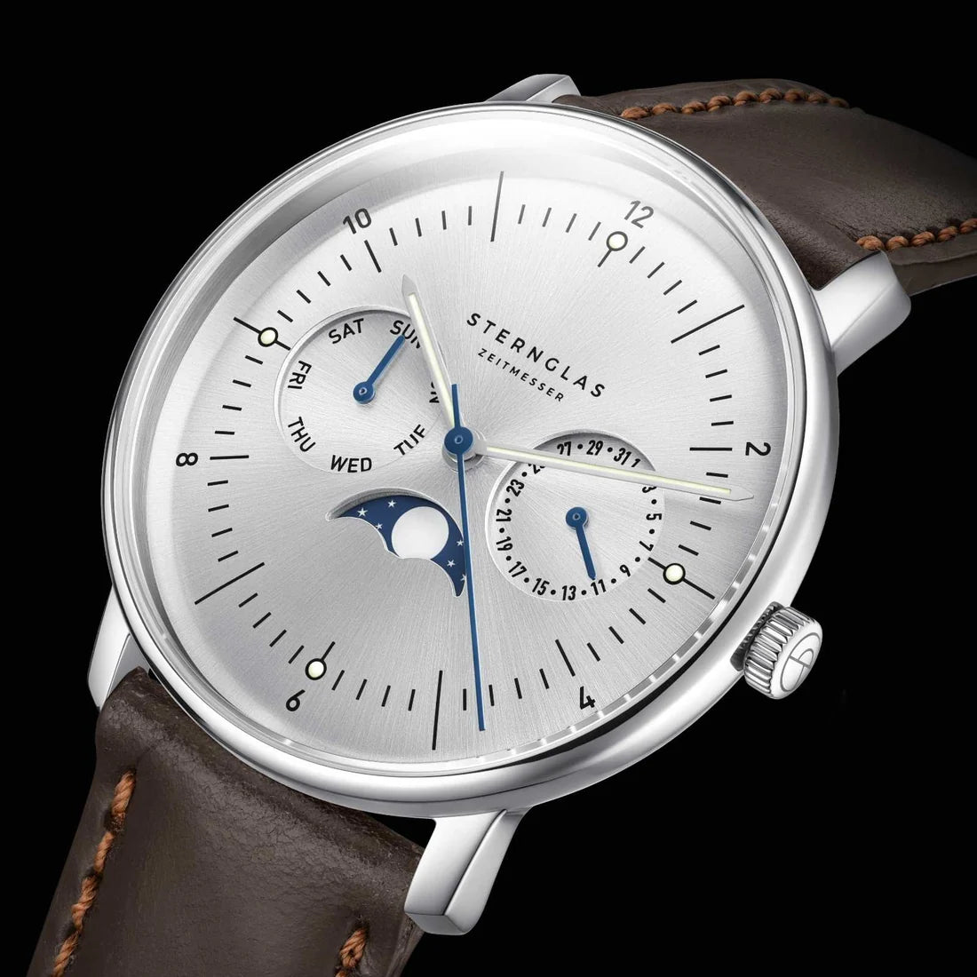 Naos Moonphase 38mm Quartz - Silver on Brindle Dark Brown Strap