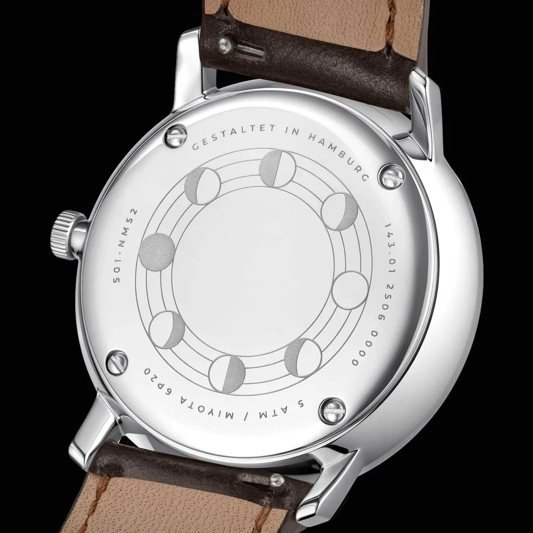 Naos Moonphase 38mm Quartz - Silver on Brindle Dark Brown Strap