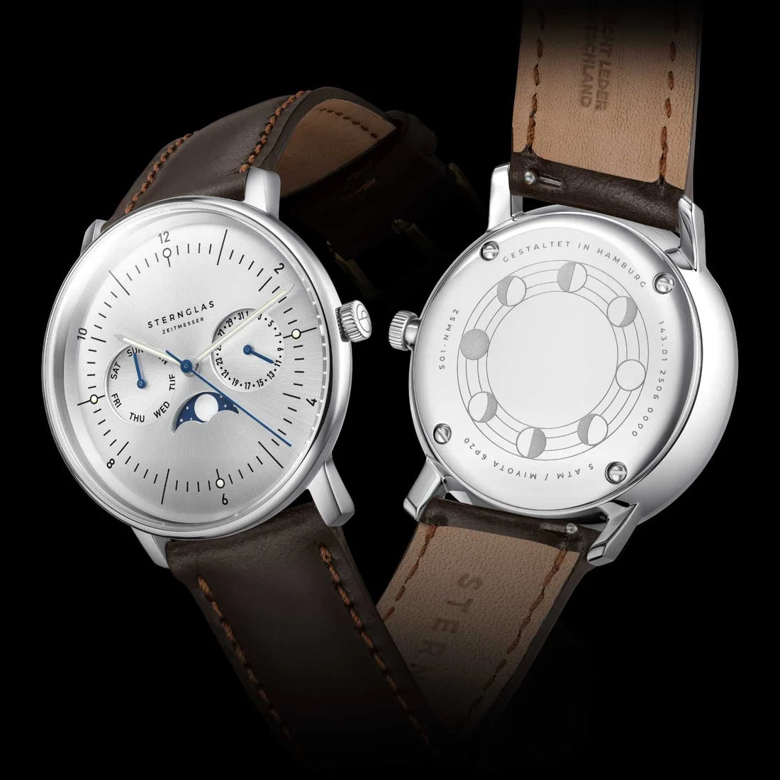 Naos Moonphase 38mm Quartz - Silver on Brindle Dark Brown Strap