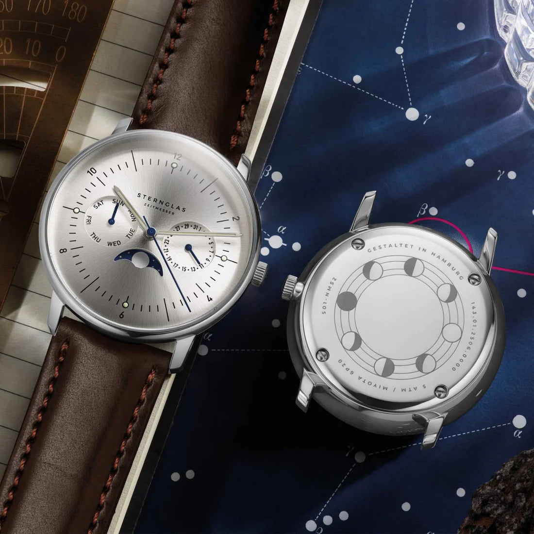 Naos Moonphase 38mm Quartz - Silver on Brindle Dark Brown Strap