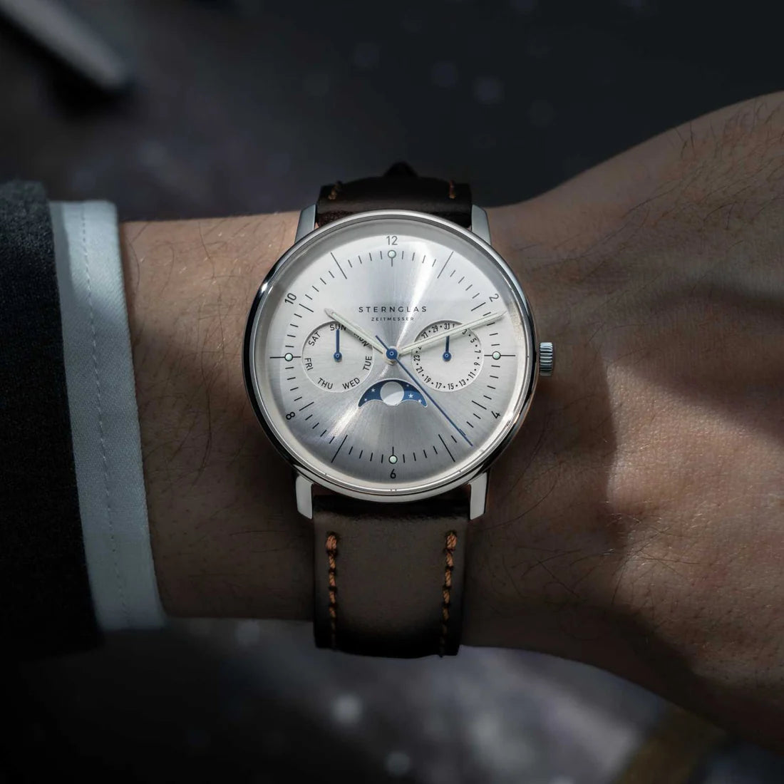 Naos Moonphase 38mm Quartz - Silver on Brindle Dark Brown Strap