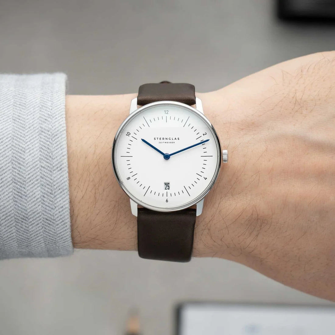 Naos 38mm Quartz - White on Premium Dark Brown Leather Strap