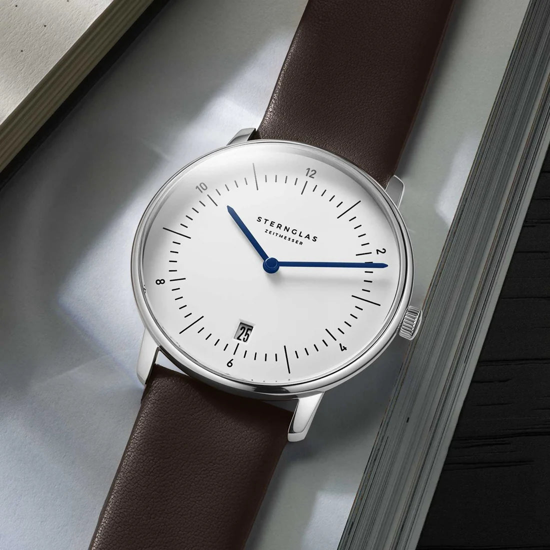 Naos 38mm Quartz - White on Premium Dark Brown Leather Strap