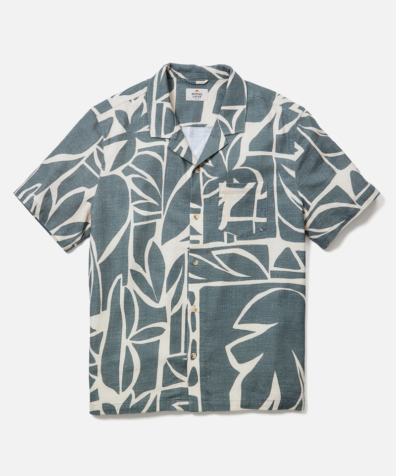 Stretch Selvage Resort Shirt in Olive Abstract Palm