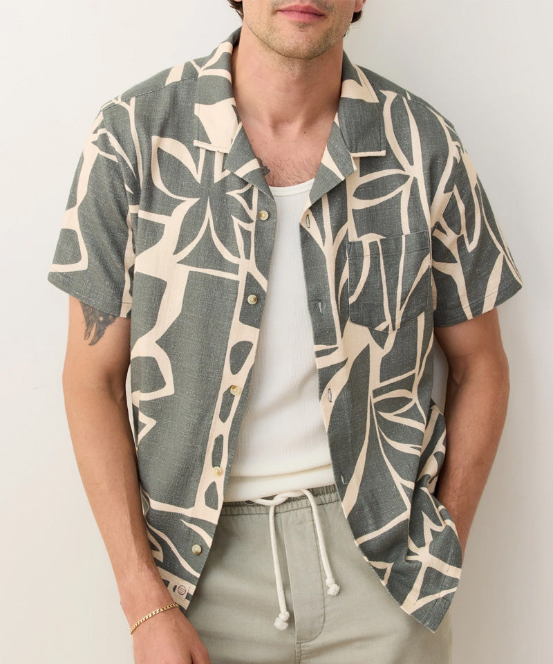 Stretch Selvage Resort Shirt in Olive Abstract Palm