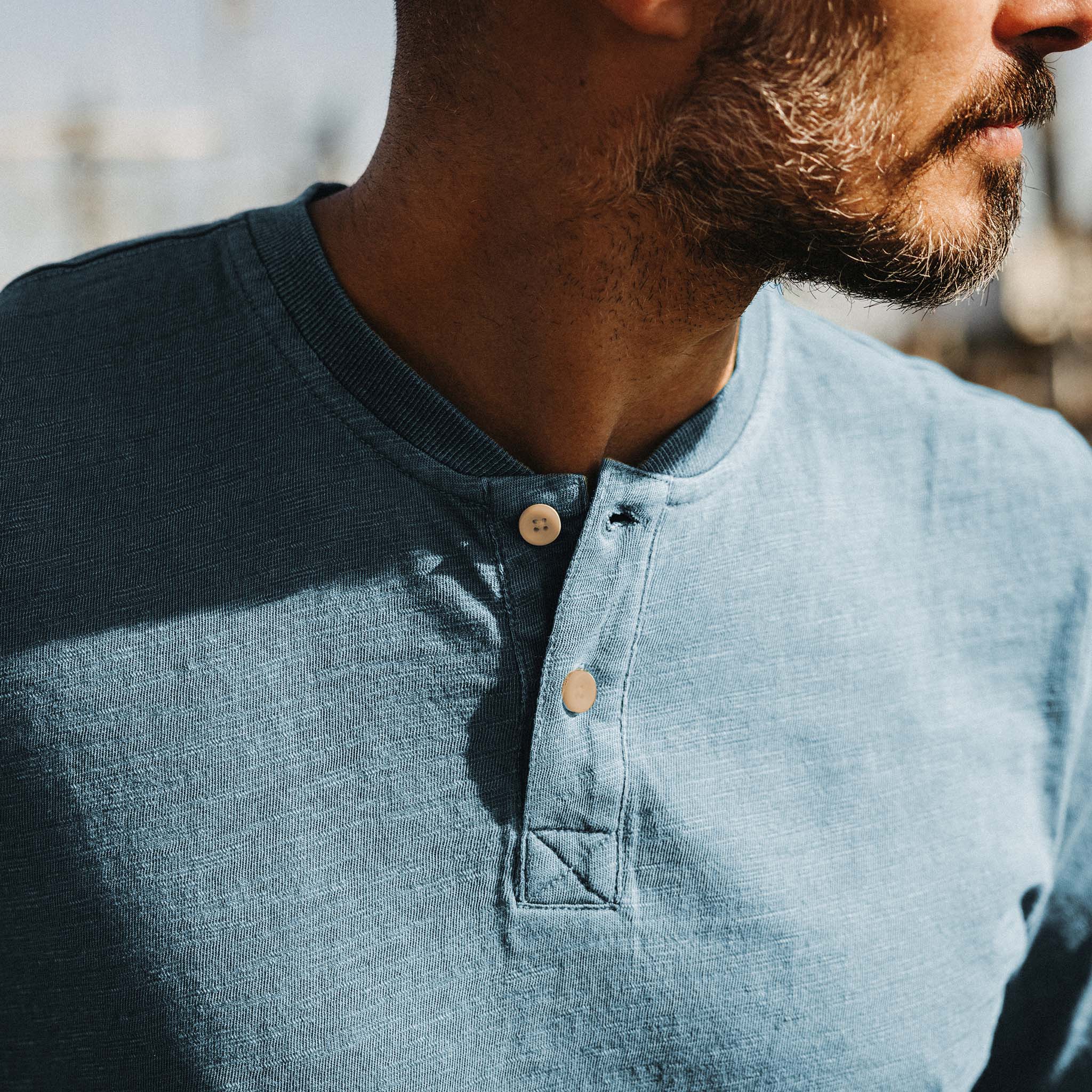 The Organic Cotton Henley in Indigo Bleach Wash