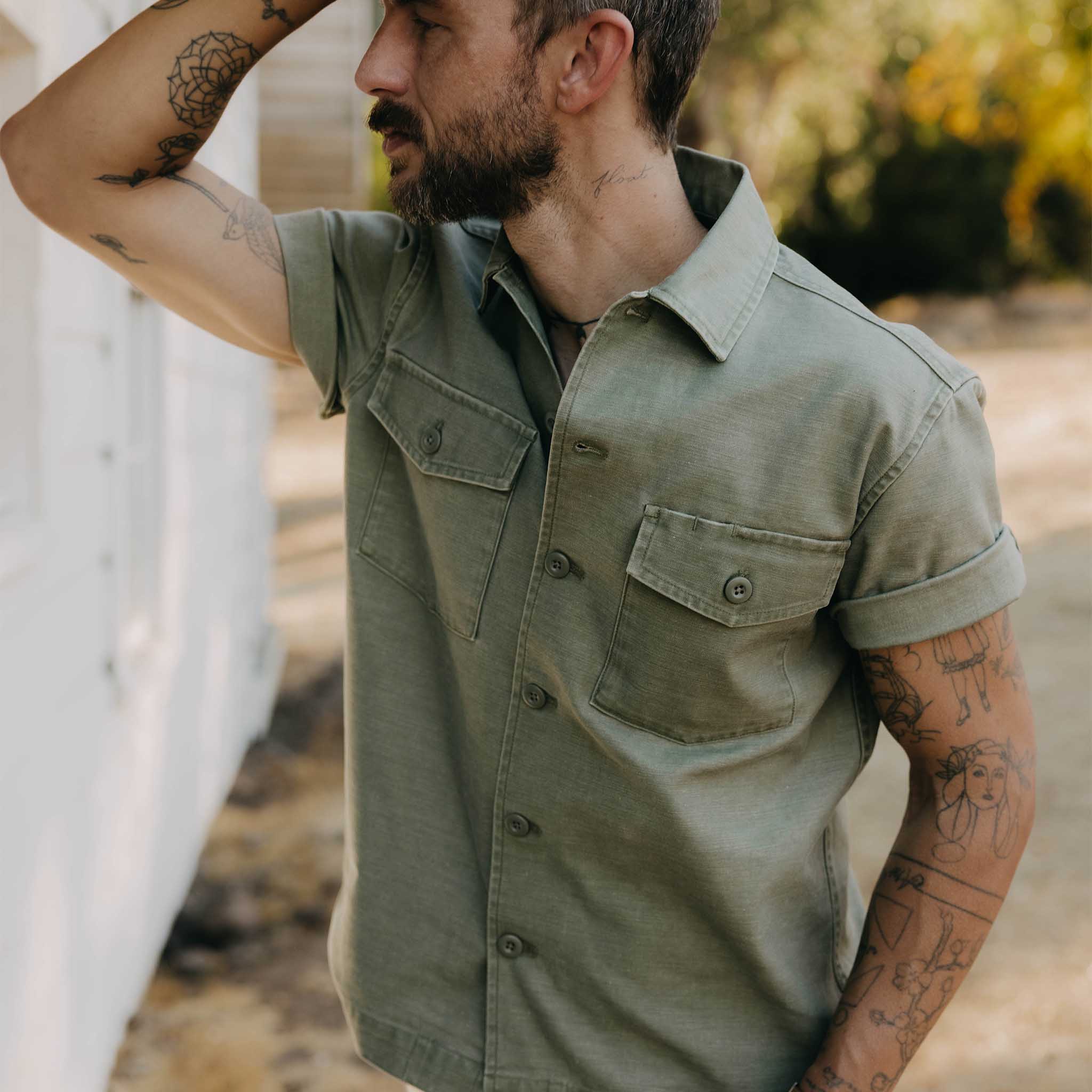 The Short Sleeve Surplus Shirt in Olive Reverse Sateen