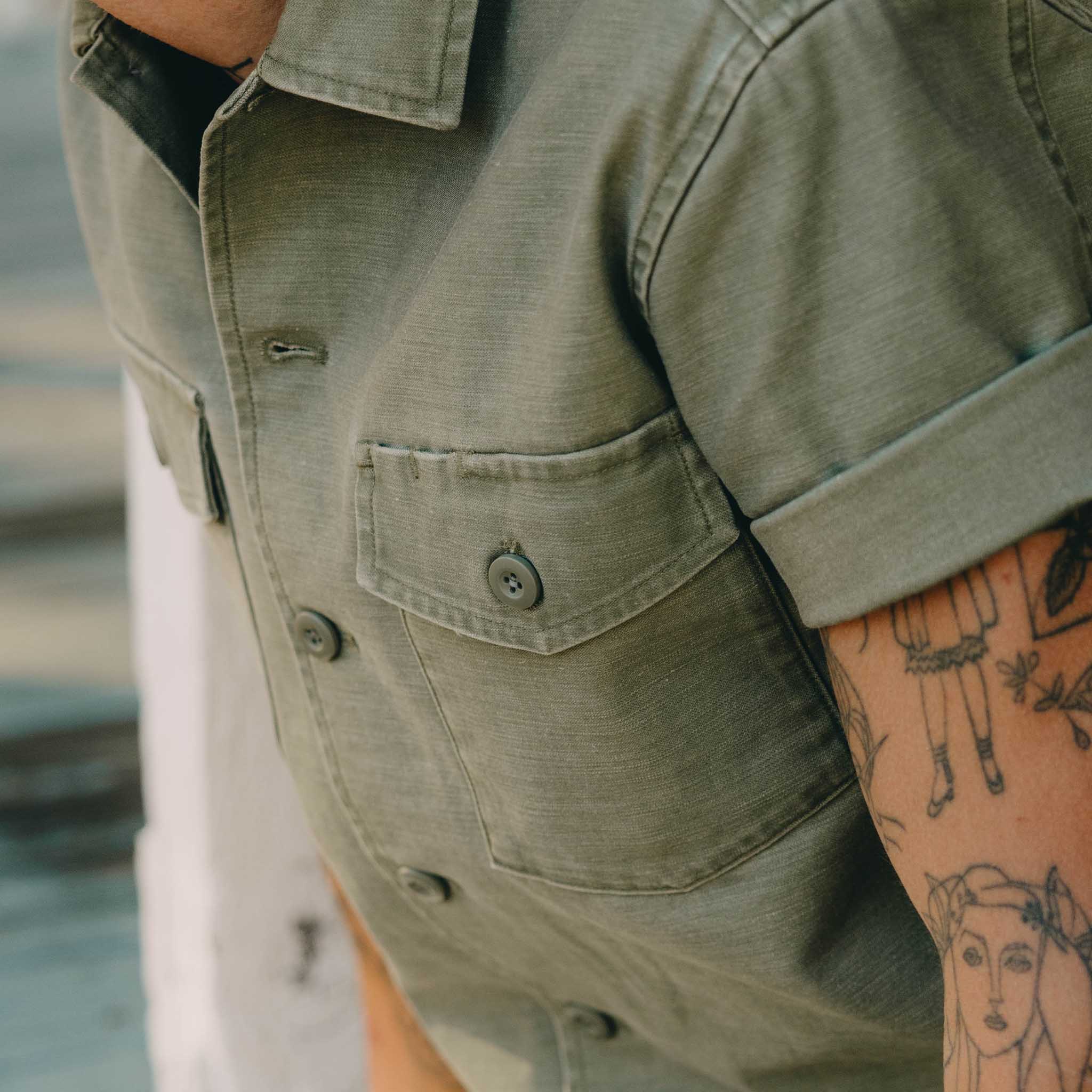 The Short Sleeve Surplus Shirt in Olive Reverse Sateen