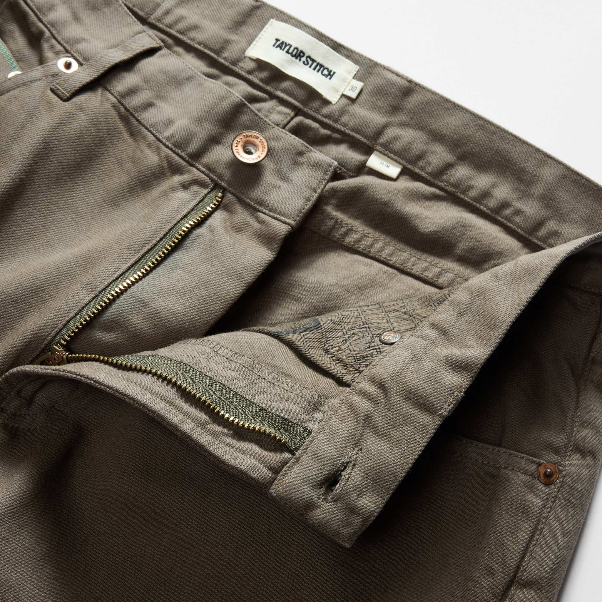 The Slim All Day Pant in Fatigue Olive Selvage Denim