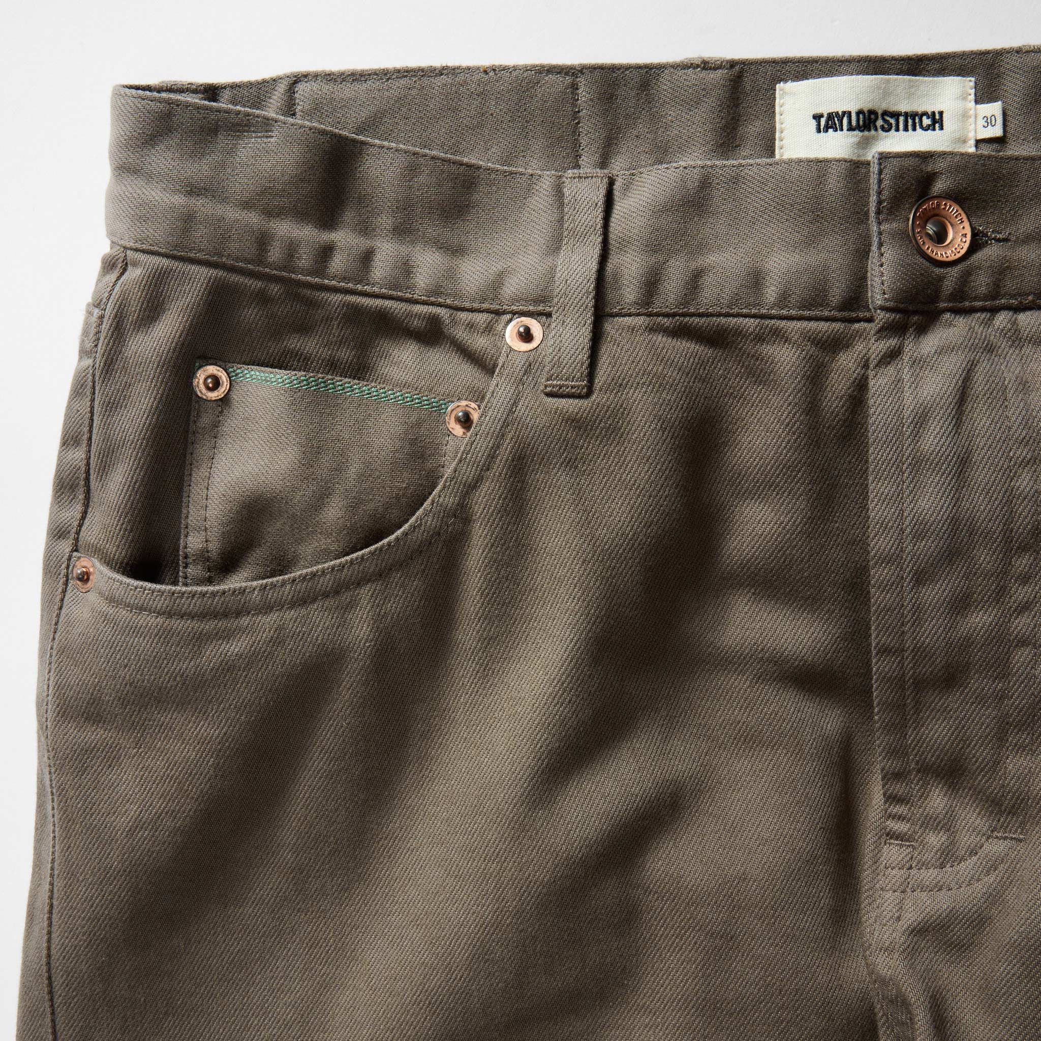 The Slim All Day Pant in Fatigue Olive Selvage Denim