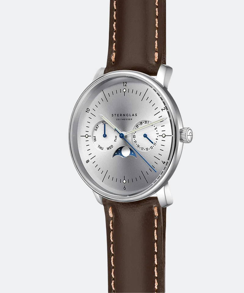 Naos Moonphase 38mm Quartz - Silver on Brindle Dark Brown Strap