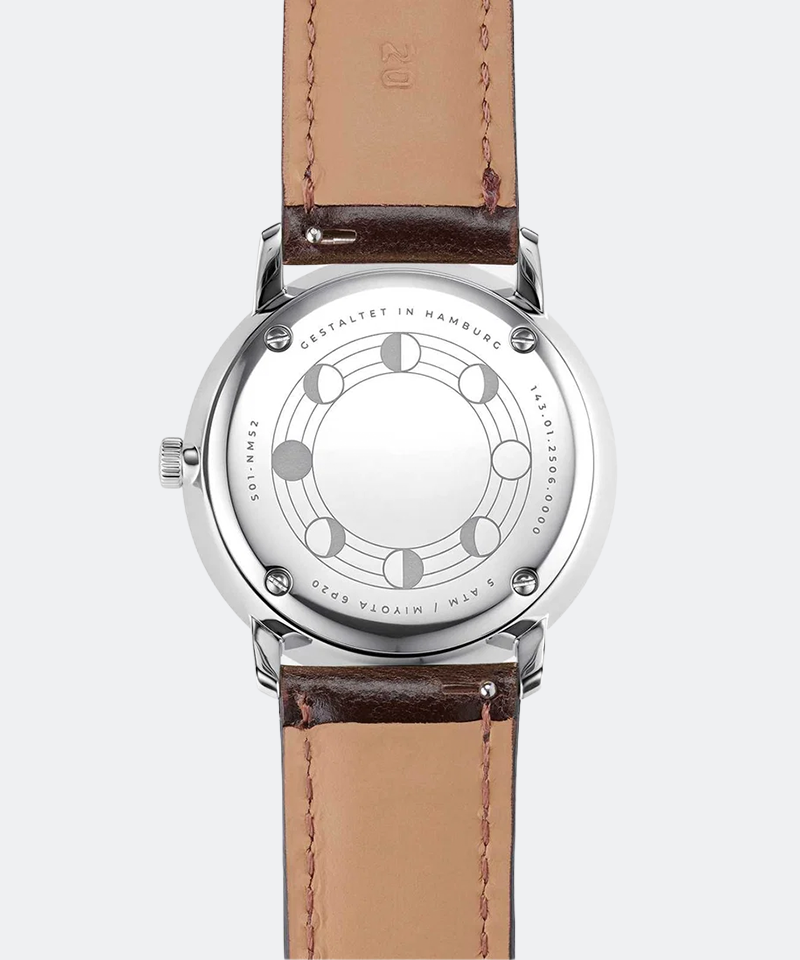 Naos Moonphase 38mm Quartz - Silver on Brindle Dark Brown Strap