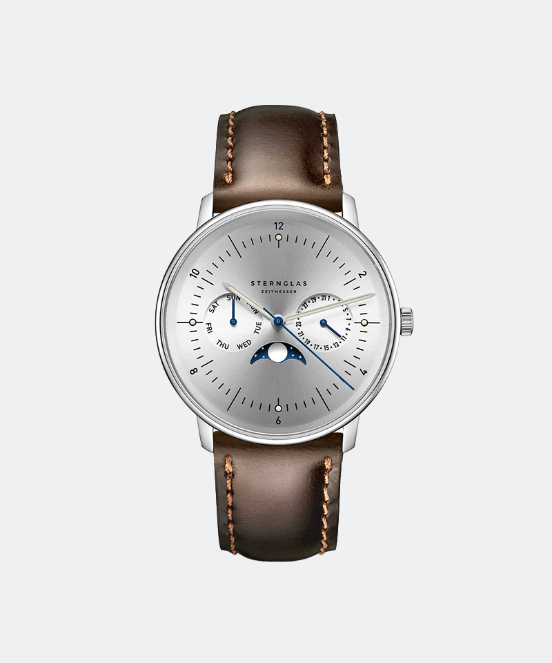 Naos Moonphase 38mm Quartz - Silver on Brindle Dark Brown Strap