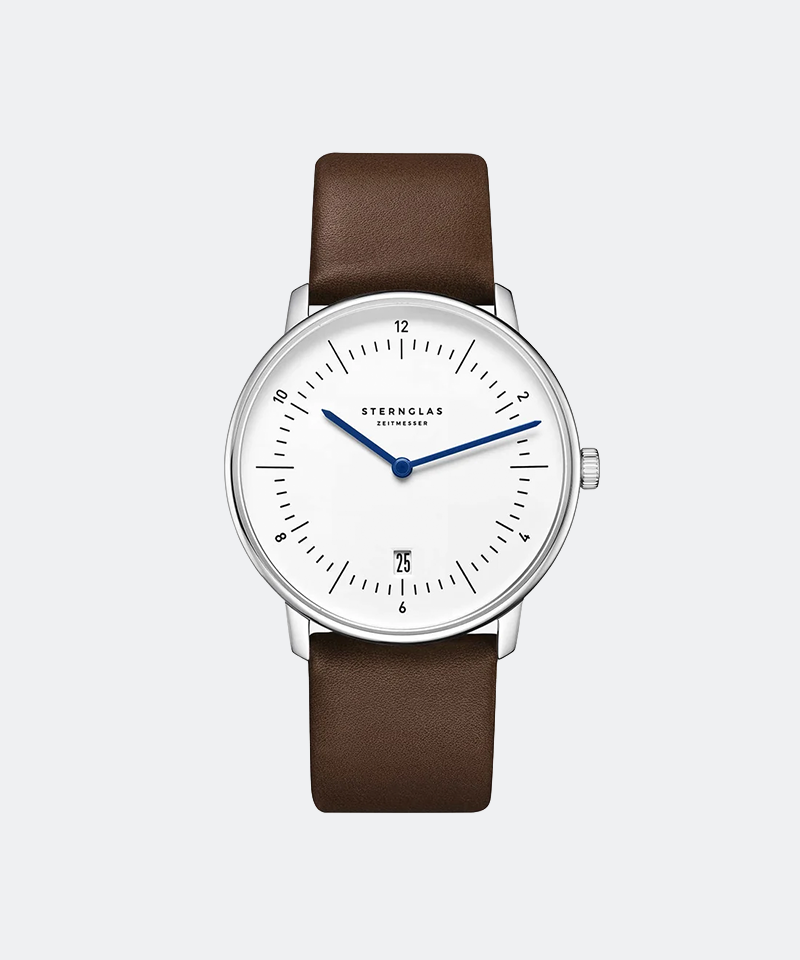 Naos 38mm Quartz - White on Premium Dark Brown Leather Strap