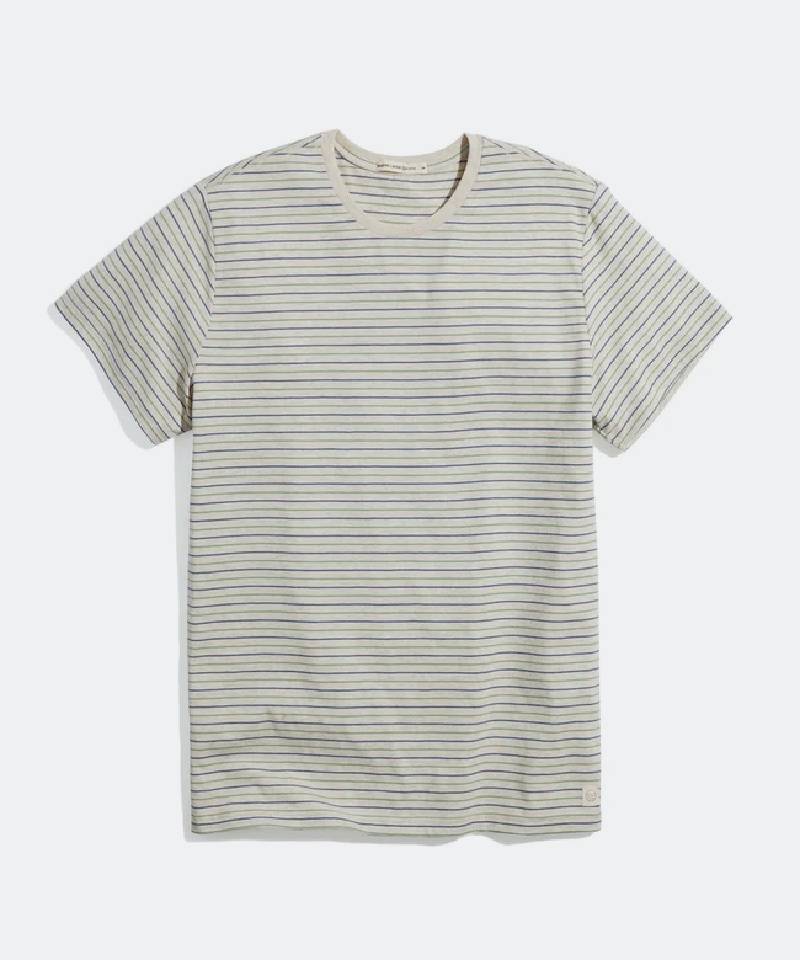 Signature Crew Tee in Hedge Green and Vintage Indigo Stripe