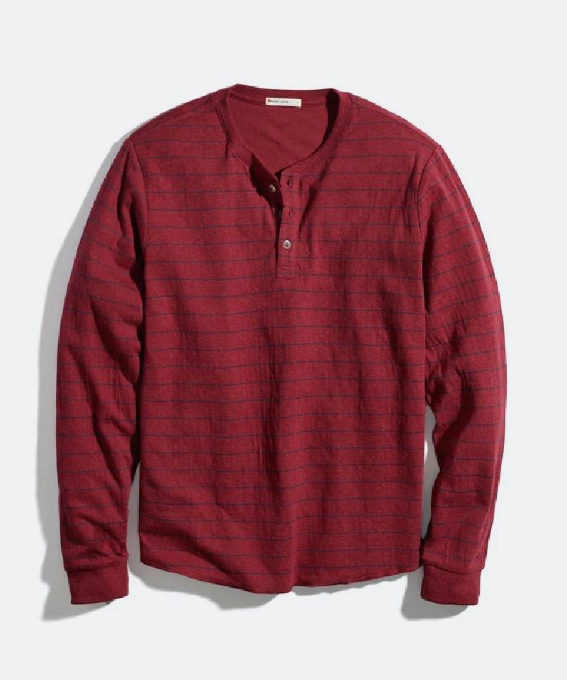 Double Knit Easy Stripe Henley in Rhubarb/Navy Stripe