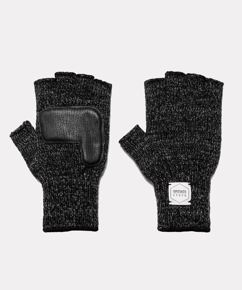 Melange Ragg Wool Fingerless Glove in Black with Deerskin